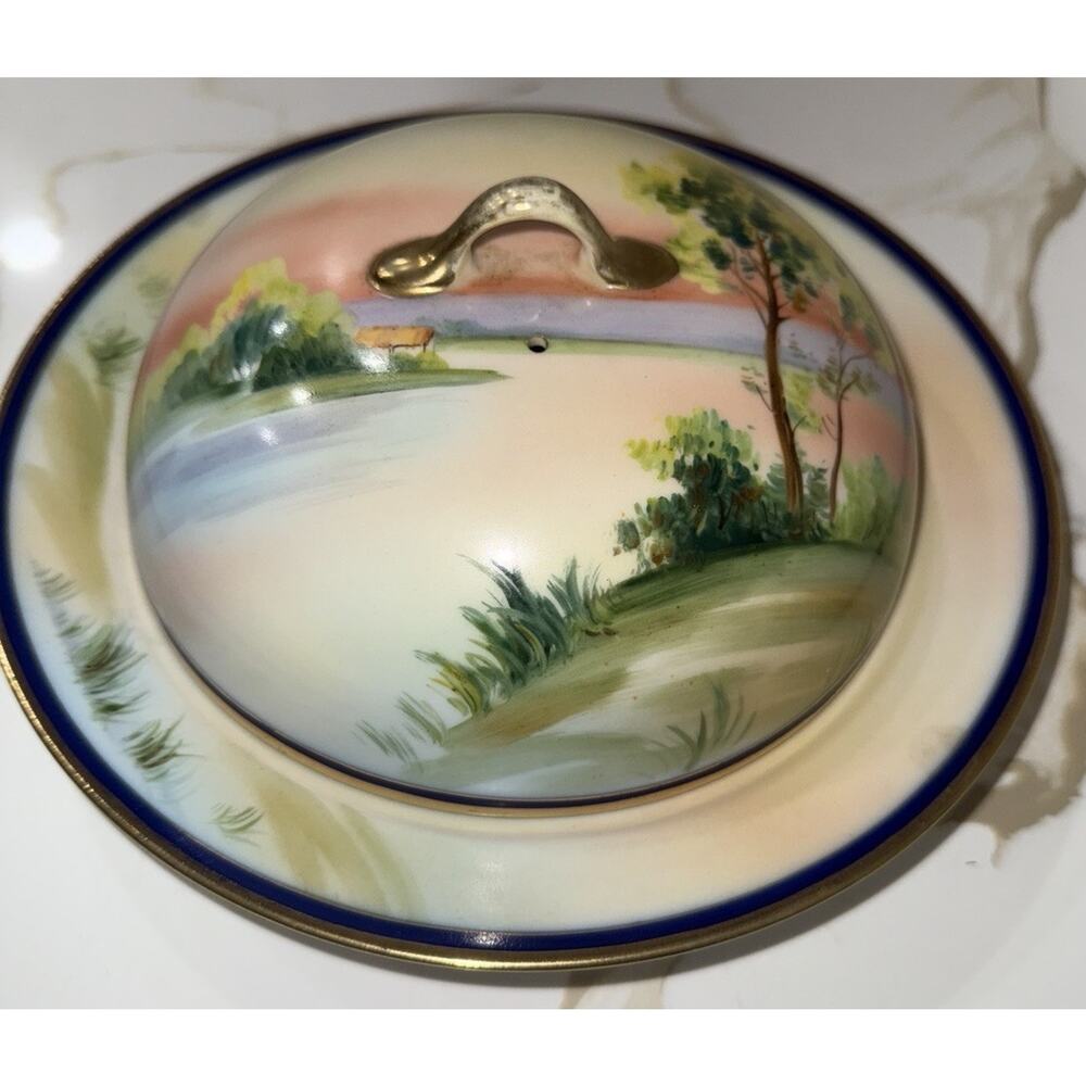 Noritake Butter Dish Covered Vintage Lake Scenery Pattern Rare 8.5 Inches